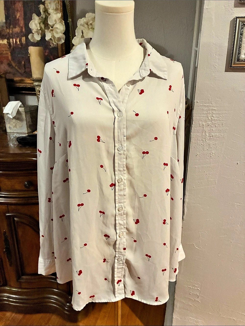 Avenue Cherry Print Button Down Blouse in White & Red Size Medium